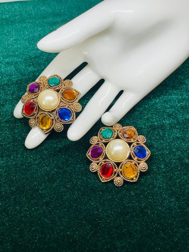 Rainbow Rhinestone Clip On Earrings with Faux Pearl Center